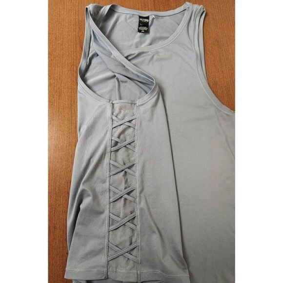 💕Victoria Secret Sport LARGE Tank Top Gray Criss Cross Mesh Sides Round Neck - Picture 3 of 5